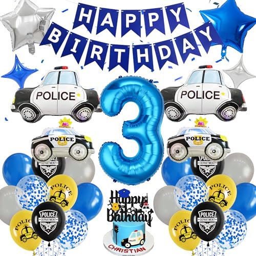 Polizei 3. Geburtstag Deko Junge - 59 Stück Polizist Kindergeburtstag Dekoration Set mit Happy Birthday Girlande, Polizeiauto Luftballons, Tortendeko für Polizei Thema Party 3 Jahre Geburtstagsdeko