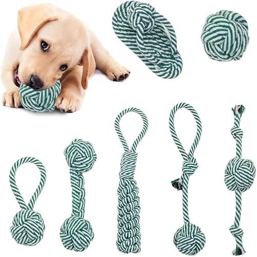 TFSZE 7 Stück Hundeseilspielzeug, Hundeseile, Interaktives Spielzeug Set, Seil Ball Hunde robuste Zähne Kauen langlebig Spielzeug Zahntraining Set, für Kleine Große Mittelgroßen Hund, Grün