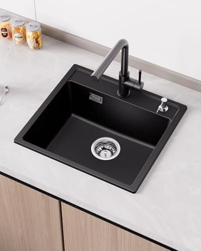 ANYCEE Évier Cuisine Noir 50x46 cm, 80% Sable Quartz Evier Cuisine 1 Bac avec Siphon pour Meubles Bas à Partir 50 cm Largeur