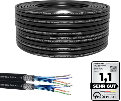 Germany B.e.s.t 50M CAT 8 Duplex Erdkabel Netzwerkkabel Outdoorkabel Kupfer LAN Kabel Ethernetkabel S/FTP 40 Gbit/s Kat 8 reines Kupfer Datenkabel PoE++ LSZH Datenkabel