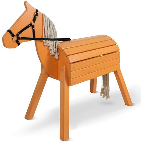 Pink Papaya Holzpferd für draußen, Reitpferd aus Holz für Kinder, Spielpferd XXL für den Garten, Outdoor Pferd mit Mähne und Schweif