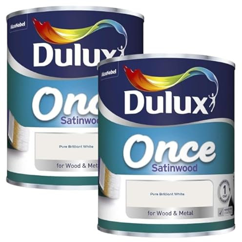 Dulux Once Satinwood Paint | Ideal For Wood And Metal | Pure Brilliant White 5 Litre | 2 x 2.5L Tins