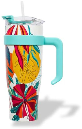 Mug Tropical Isotherme avec Paille et Poignée Ergonomique | Gourde bleue XXL en Inox pour conserver vos boissons au chaud ou au frais | Idéal pour le Bureau ou le Sport