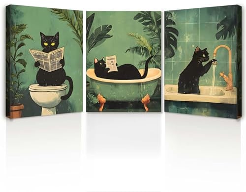 3er Set Badezimmer Wandbilder Leinwandbilder mit Rahmen Lustige Schwarze Katze im Bad – Humorvolle Kunstdruck Bilder für Gäste WC, Toilette oder Bad Deko mit Haken und spurlosen Nägeln 30x40 cm