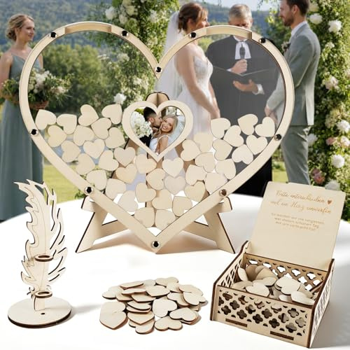 ARTREE Gästebuch Hochzeit Holz, Herzform Hochzeitsgästebuch mit 100 Holzherzen, Fotorahmen & Aufbewahrungsbox, Hochzeitsdeko, Gästebuch Alternative für Hochzeit, Geburtstag & Jahrestag