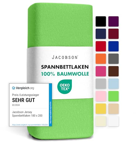 Jacobson Jersey Spannbettlaken Spannbetttuch Baumwolle Bettlaken (120x200-130x200 cm, Apfelgrün)