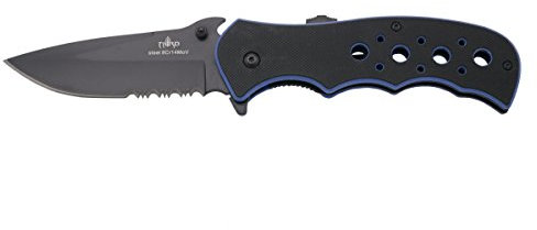 THIRD Navaja K1905BLS, Mango de G10 Bicolor Negro y Azul, Hoja de Acero INOX 8Cr14MoV Acabado en Negro de 9,8 cm con Sierra y Abre Botellas. Funda Caja de presentación.