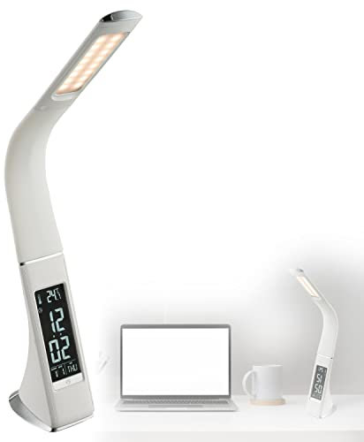 LED Schreibtischleuchte mit Touchdimmer Digitale mit Uhr Wecker Leselampe Leseleuchte Weiß (Schreibtischlampe, Nachttischleuchte, Nachttischlampe, Lichtfarbe einstellbar, Temperatur-Anzeige)