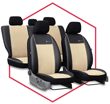 Saferide 3er Set Autositzbezüge PKW universal | Auto Sitzbezüge Kunstleder Beige für Airbag geeignet für Vordersitze und Rückbank | 1+1 Autositze vorne und 1 Sitzbank hinten teilbar 2 Reißverschlüsse