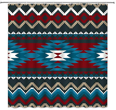LIVEFUN Azteken-Duschvorhang, südwestlicher Indianer, ethnisches Muster, Navajo, Vintage, abstrakt, geometrisch, Tribal bunt, Retro, indischer Stoff, Badezimmer-Dekor, 180x180 cm, blau und rot