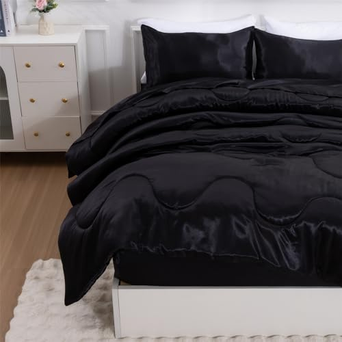 A Nice Night Seidig weiche Satin-Steppdecke, sexy, luxuriös, superweiches Mikrofaser-Bettwäsche-Set, leicht (Schwarz, King-Size)
