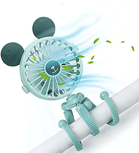 USB Powered Rechargeable Clip on Fan w/ Built-in Light, Portable Mini Tripod Fan for Baby Stroller, Car Seat, Wheelchair, Desk & Treadmill(Cyan)