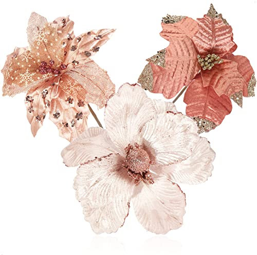 com-four® 3X Weihnachtsstern Deko-Gesteck, Kunstblumen als tolle Weihnachtsdekoration, schöner Raumschmuck, auch für Kränze und Blumenarrangements (rosé)