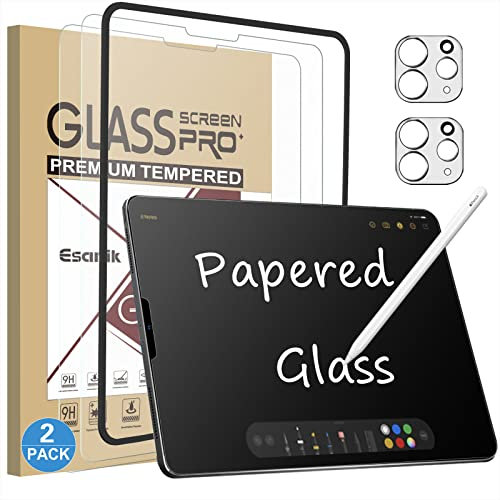 Esanik Feel like Paper für Panzerglas für iPad Pro 12,9 Zoll 2022/2021/2020/2018 (iPad 6th/ 5th/ 4th/ 3th Generation) Schutzfolie, 9H Matt Schutzglas mit Kameraschutz (2+2 Stück)