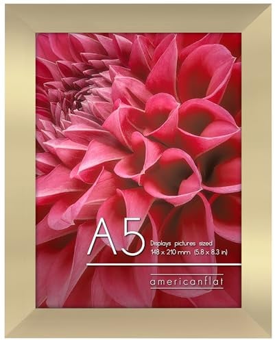 Americanflat Cadre Photo A5 Doré - MDF avec Verre Incassable Poli, Chevalet & Matériel de Suspension Intégré - Format Horizontal et Vertical pour Mur et Dessus de Table - 14,8x21 cm