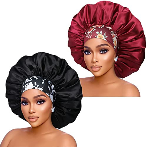 Isshin Beauty Women's Oversized Silk Satin Bonnets: 2pcs Extra Large Jumbo Sleeping Caps with Comfortable Flower Band - Black & Red