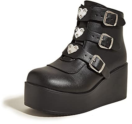 LUCKY STEP Damen-Plateau-Stiefeletten mit klobiger Sohle – Runde Zehenpartie Reißverschluss Keilabsatz Rave-Schnalle Dicke Sohle Goth-Stiefel (Schwarz, 9US-40EU-7UK)