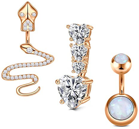 VFUN 14G Piercing Ombelico Serpente Triple Cuore Corto Piercing Pancia per Donna Opal Belly Button Rings 6MM Diamond CZ Piercing Ombelico - Oro rosa