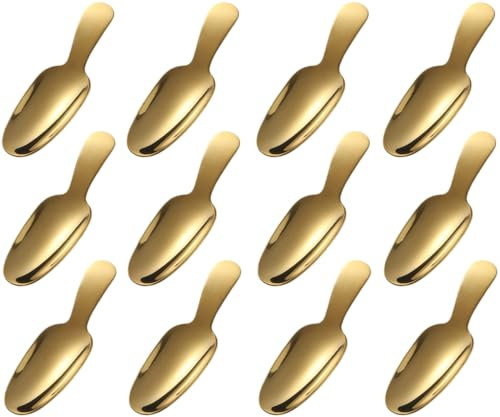 Dessert Spoon 12 Pcs Stainless Steel Salt Spoon Short Handle Coffee Scoop Mini Tea Spoons for Small Jars, Sugar, honey, Spice, Ice Cream, Milk Powder (12 x Gold)