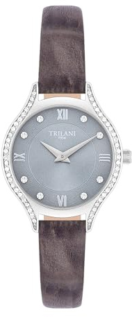 Trilani Damen Uhr Edelstahl Silber Quarzwerk 3 ATM | Echtleder Armband, grau, Krokodil (Prägung), Zifferblatt grau, Mineralglas, Armbanduhr, Fashion-Uhr