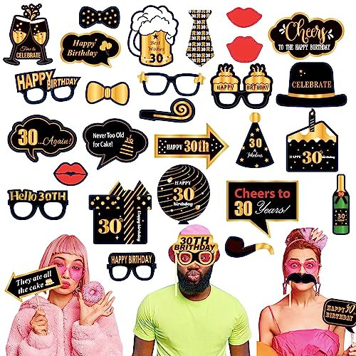 32 Stücke Schwarzes Gold Geburtstag Foto Requisiten 30. Geburtstag Fotobox Accessoires mit Stock Gold und Schwarz Foto Gastgeschenke Lustige Fotokabinen Requisiten für Geburtstagsfeier Dekoration