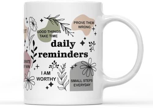 SMARTYPANTS Daily Reminders White Handle Coffee Tea Mug - Quote Insirational Worthy Good Things Small Steps Floral Peace Home Drink Cup Kitchen Decor Gifts Presents (White Handle)