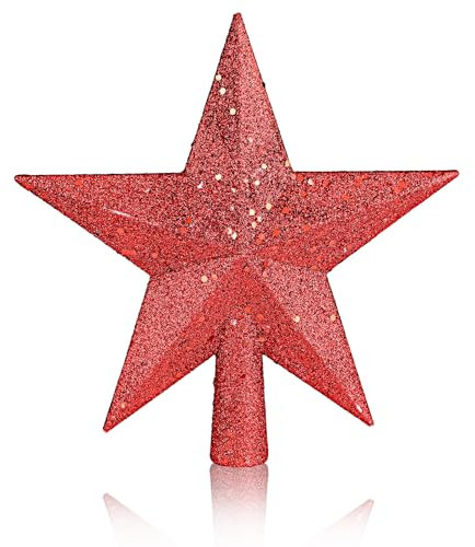 simarro Puntale per albero di Natale a forma di stella, 20 cm, corona glitterata, decorazione per albero di Natale, Capodanno, decorazione per esterni, casa e vacanze (rosso)