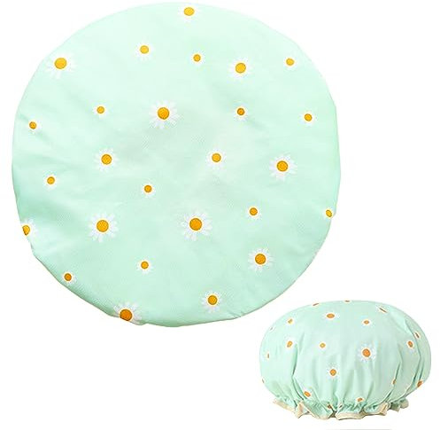 Shower Cap for Women,Double Layers Waterproof Shower Caps with Unique Flower Pattern Reusable Shower Cap for Long Short Curly Hairs(Green)