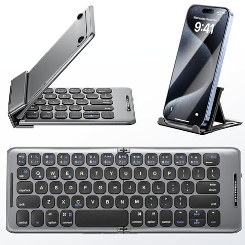 PuechAxe Teclado Bluetooth plegable con soporte de soporte, teclado de viaje plegable de tamaño de bolsillo recargable para iPhone, iPad, tablet, portátil, smartphone, B088