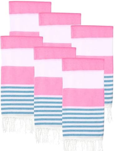 PADISHAHHOME Türkische Strandtücher, 6er-Set, übergroß, schnell trocknend, sandfrei, 100 % Baumwolle, große Handtücher für Strand, Pool, Reisen, ultraweich, kompakt und saugfähig, Fuchsia/Türkis