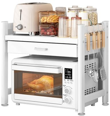 Mikrowellen Regal Mikrowellenschrank Organize mit Ausziehbarer Organizer Mikrowellenregal aus Kohlenstoffstahl Mikrowellenständer 56cm Küchenregal für Küche Organizer (Weiß, 2 Etagen)