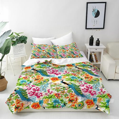 ANHOPE Bunte Blumen Pfau Feder Bettwäsche Set 3 Teilig Bettbezug 135x200 cm & Kissenbezug 80x80 cm Microfaser Bettbezüge mit Reißverschluss Weich Bettdeckenbezug Set für Kinder Mädchen