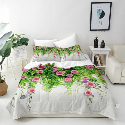 ANHOPE Rosa Rose Blatt Schmetterling Bettwäsche Set Weich Microfaser Bettbezüge mit Reißverschluss 3 Teilig Bettbezug 240x220 cm & 2 Kissenbezug 80x80 cm Bettdeckenbezug Set für Kinder Mädchen