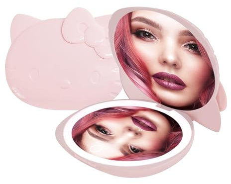 Impressions Vanity Hello Kitty Kawaii Kompaktspiegel mit Touch-Sensor-Schalter für einstellbare Helligkeit, beleuchteter Make-up-Spiegel mit LED-Lichtern und 2-facher Vergrößerungsspiegel, (glänzendes