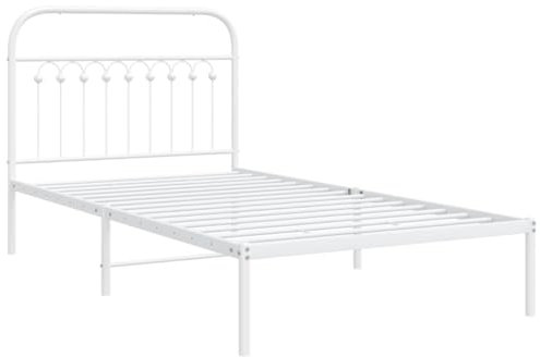 vidaXL Bettgestell, Bett mit Kopfteil, Bettrahmen mit Lattenrost Mittelfüßen, Metallbett Einzelbett für Schlafzimmer, Metall Weiß 100x200cm