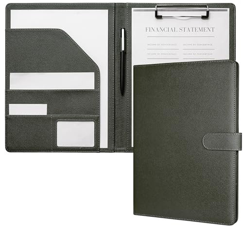 Mymazn Cartella Portadocumenti A4 Pu Pelle Portablocco A4 con Pinza Porta Documenti Blocco Appunti Folio Document Organizer (Verde Oliva)