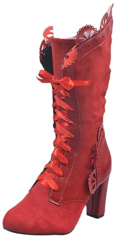 rismart Donna Vittoriano Stivali a Metà Polpaccio Stringato Punta Rotonda Vendemmia Gotico Stivali Rosso, 37 EU