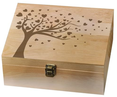 Arricraft Wooden Memory Keepsake Box - Heart Tree Bird Design With Hinged Lid, Love Theme Decorative Storage for Photos, Letters, Anniversary, Wedding - 19.5x24.5x10.3cm
