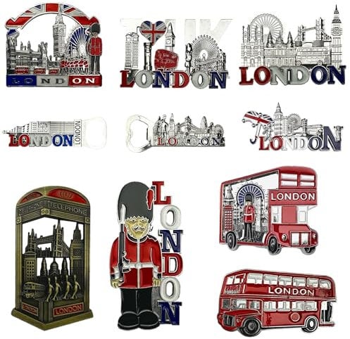 LILAJ Juego de 6 imanes de metal para nevera de recuerdo de Londres de monumentos icónicos: Big Ben, Tower Bridge, London Eye, caja de teléfono roja, autobús, guardia real, colección perfecta de viaje