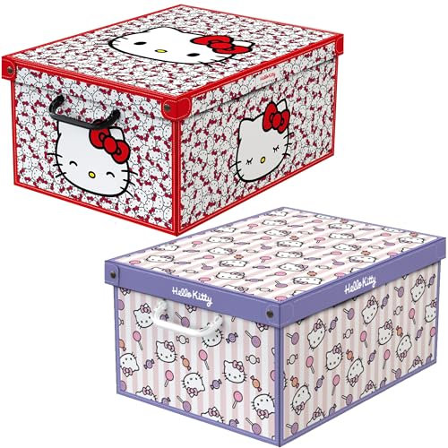 Lavatelli – 2er Set Hello Kitty Aufbewahrungsboxen mit Deckel, stabile Kartonboxen für Kleidung, Wäsche & Spielzeug, für Kleiderschrank & Kinderzimmer, 50x39x24 cm, Rot & Lila