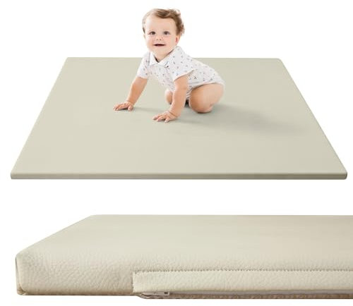 Stylische Spielmatte für Baby aus veganem Leder 120x120x2,5cm, Creme – Krabbelmatte für Baby mit Memory-Schaum und rutschfester Unterseite – pflegeleichte, schadstofffreie Krabbeldecke für Baby