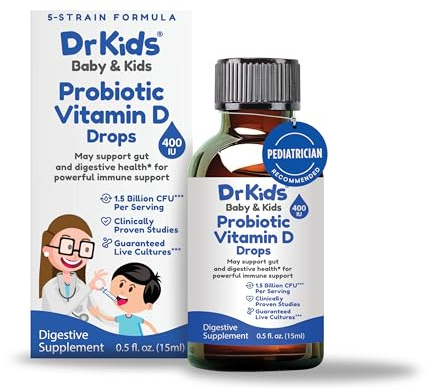 Dr. Kids Probiotic Vitamin D Drops - Supports Infant & Child Gut Health, Helps Reduce Gas, Colic & Fussiness, Baby Probiotic Drops with Vitamin D3, Pediatrician Recommended, Unflavored, 15ml