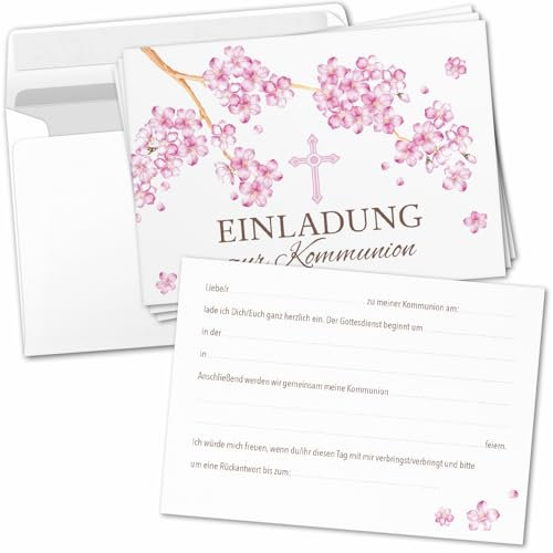 8 Einladungskarten Einladung Kommunion mit Umschlag zum selber ausfüllen - Heilige Kommunion Einladungen Postkarten Umschläge Kirschblüten Rosa Mädchen