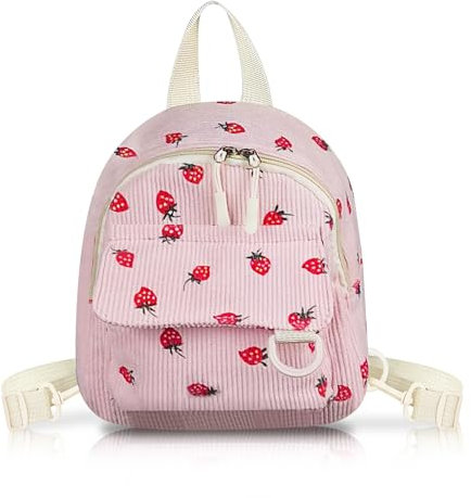 WisePoint Damen Rucksack, Cord Rucksack Damen Klein Rucksäcke Daypacks für Frauen, Rucksacktasche mit Erdbeer Muster zum Wandern, Einkaufen, Reisen (rosa)