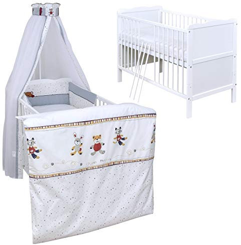 Generisch Baby Delux Babybett Komplett Set 9-TLG Kinderbett umbaubar zum Juniorbett 70x140 Matratze Jack Bettset Chiffonhimmel (Tierfreunde)