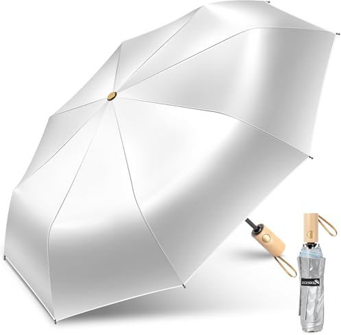 ZOMAKE Sonnenschirm Tragbar UV Schutz,Regenschirm Kompakt Sturmfest,Taschenschirm Automatik Auf und Zu Mit Holzgriff für Herren Damen(Silber Hellblau)