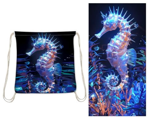 Treer Strandtuch mit Integrierter Tasche, 2 in 1 3D Mikrofaser Strandtuch Groß Leichtes Pflegeleicht für Sommer, Strand, Schwimmen, Gym, Yoga (80 * 160cm,Blaues Seepferdchen)