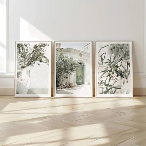 ZHAOLIN Italienische Stadtkunst, grüner Olivenbaum, Wandkunstdruck, dekorative Reisekunst, Leinwandplakat, modernes minimalistisches Wohnzimmerdekor, 60 x 90 cm (24 x 35 Zoll) x3, rahmenlos