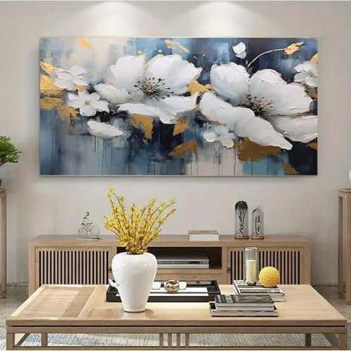 1 Stück Bilder Moderne Kunst, Abstrakte Ölgemälde mit zwei weißen Blumen, Drucke auf Leinwand, Wandkunst, Blumenplakate mit goldenen Blättern, 60 x 120 cm, rahmenlos