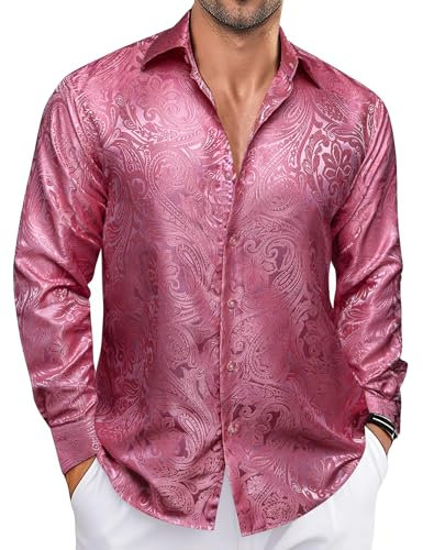 Ailisus Chemise en soie pour homme - Motif cachemire - Manches longues - Boutonnée - Style western décontracté - Pour fête, mariage, rose, XL